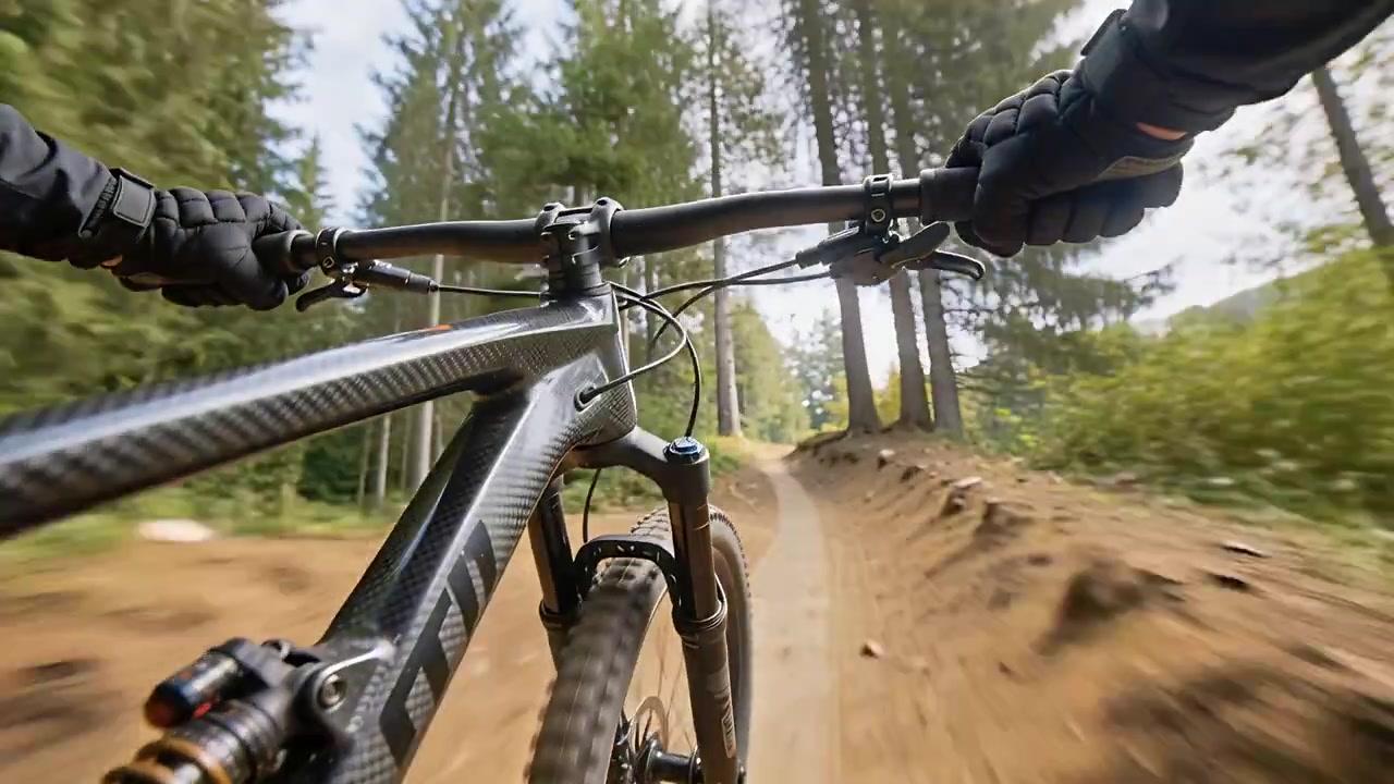 Entrando numa trilha estreita, ciclista com luvas e camisa a descer um singletrack, com o garfo visível, mantendo a velocidade.