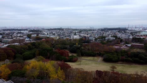 Bewölkter-Himmel-über-Einem-Stadtpark-Im-Herbst-Mit-Bäumen,-Die-Ihre-Farbe-ändern,-Skyline-Der-Stadt-In-Der-Ferne,-Luftaufnahme