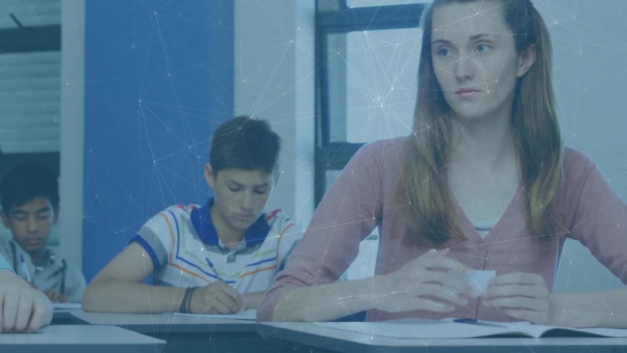 Animation of network of connections over businesswoman writing on of man wearing phone headsets