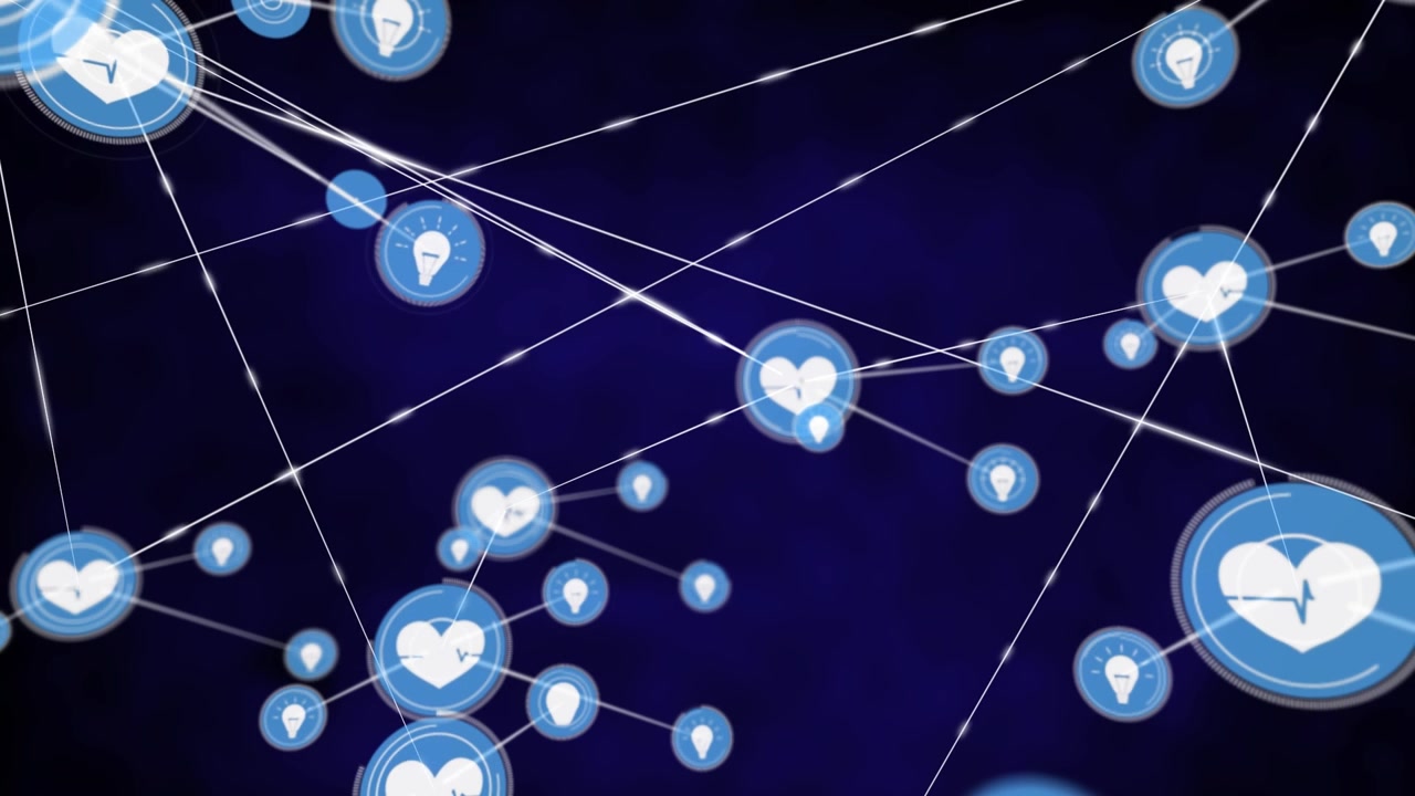 Animation of lightbulb and heart icons interconnecting with lines against blue background