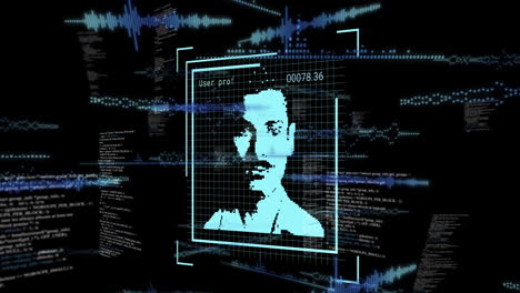 animación del procesamiento de datos y iconos de personas en fondo negro.
