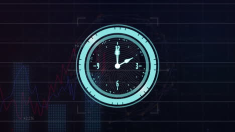 animation of digital data processing and clock over black background