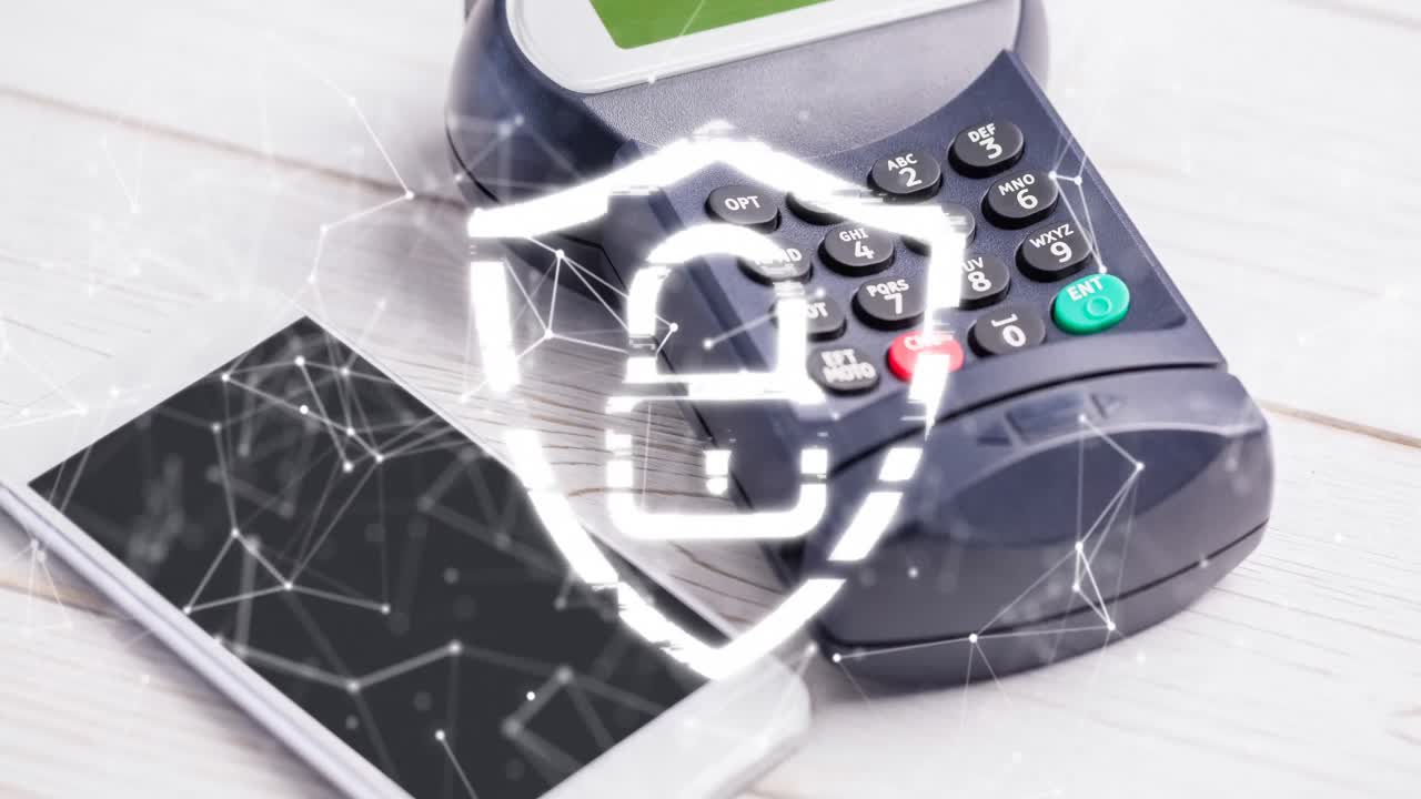 animación de la red de conexiones y el candado de seguridad a través de teléfonos inteligentes y terminales de pago