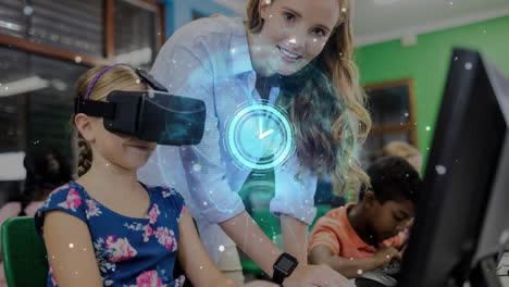 animación del alcance de escaneo del reloj sobre una maestra caucásica con un alumno que usa auriculares vr