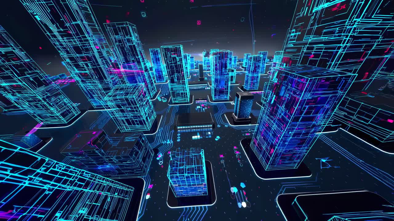 Futuristic digital cityscape with neon wireframe buildings