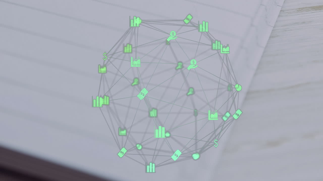 Financial icons and connections creating animation over notebook in school setting