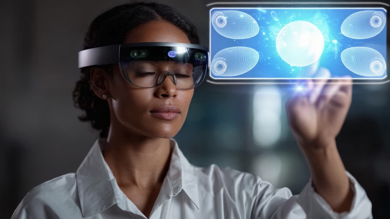 A focused individual wearing augmented reality glasses interacts with digital holograms, showcasing the future of technology and human-computer interaction