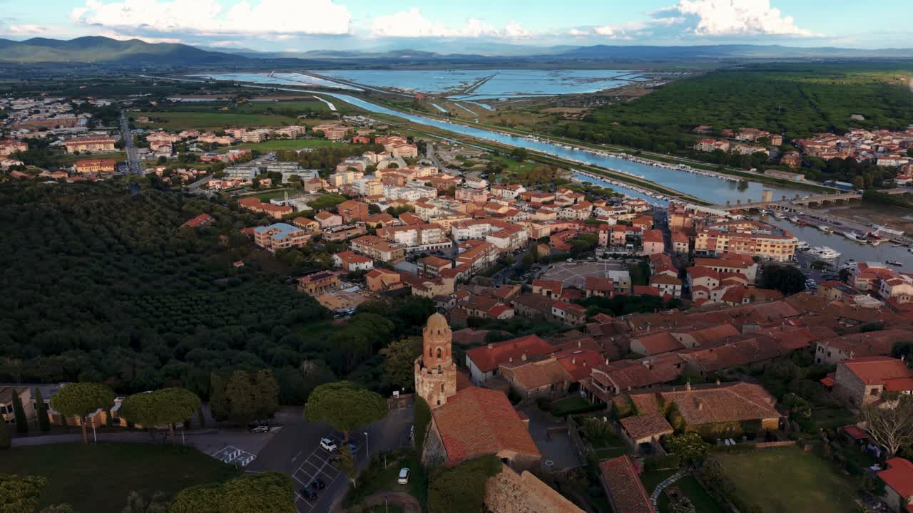 Historic Castle of Castiglione della Pescaia, Tuscany, Italy. Mediterranean coast scenic aerial view