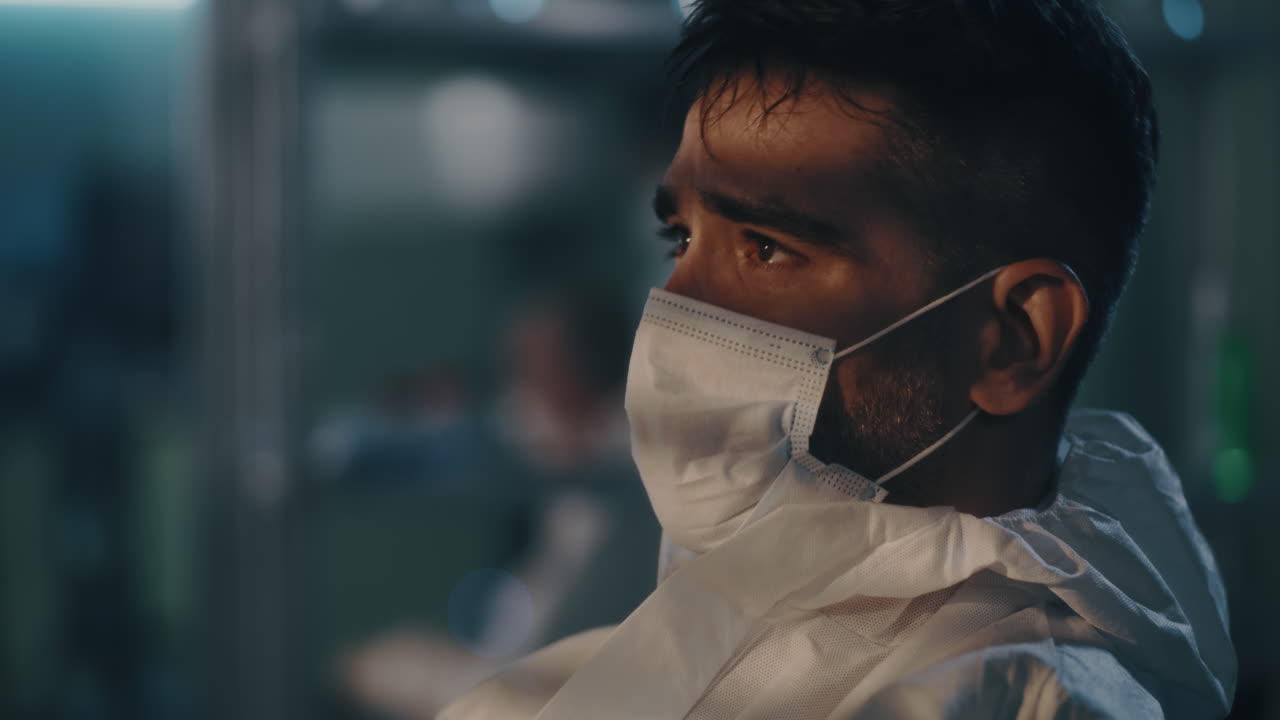 exhausted Adult Doctor after Work with Infected Patients Tired Adult Man Taking off Protective Accessories and Hazmat Suit while Resting after Work with Contagious Patients in Hospital