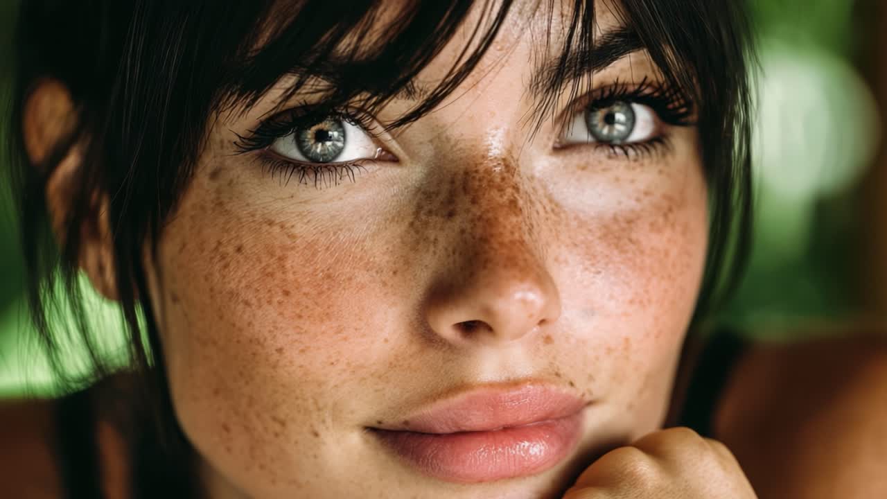 Captivating Close-Up of a Young Woman with Freckles and Expressive Eyes, Showcasing Natural Beauty and Confidence in a Serene Outdoor Setting