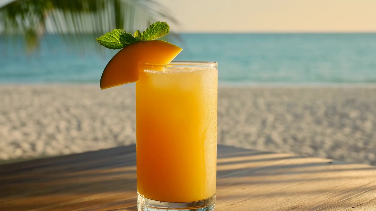 Una bevanda alta e rinfrescante dal colore arancione vivido, con una fetta di frutta, foglie di menta e ghiaccio visibile, poggia accanto alla riva mentre la calda luce del sole proietta lunghe ombre sul legno e un tronco di palma entra nell'inquadratura