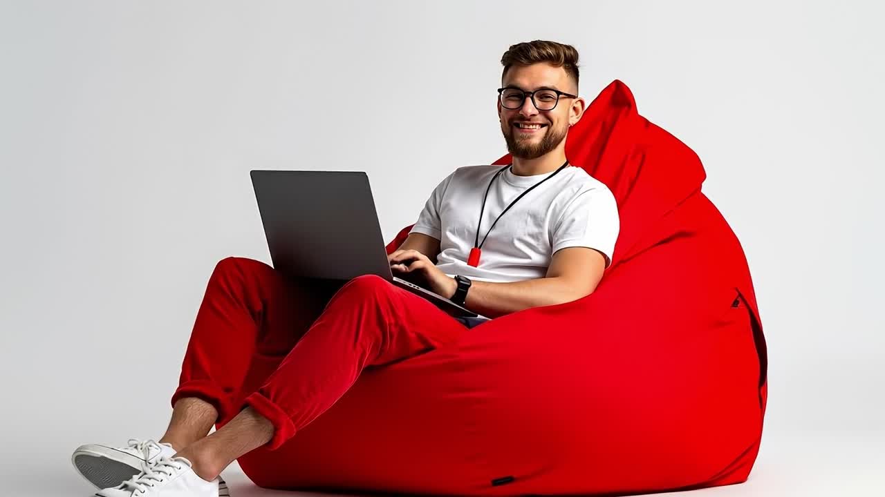 A man sitting on a red bean bag chair using a laptop