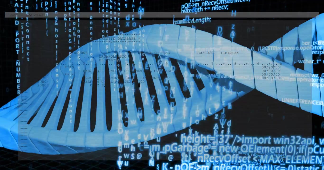 Overlay sliding in triggers blue 3D double-helix rotating while code streams showing genomic data