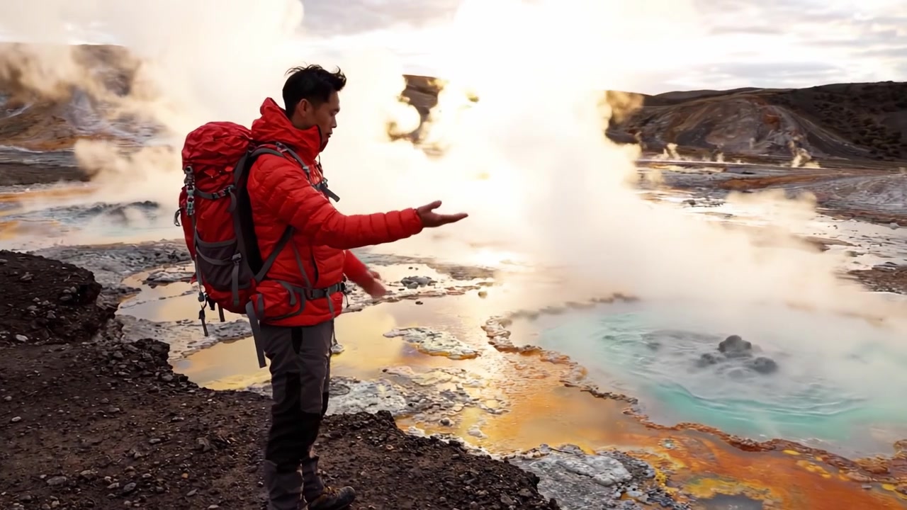 A Solo Adventurer Gazes Upon the Ethereal Landscape of Geothermal Hot Springs, Witnessing Their Vibrant Colors and Mysterious Steam at Dusk in This Breathtaking Natural Wilderness