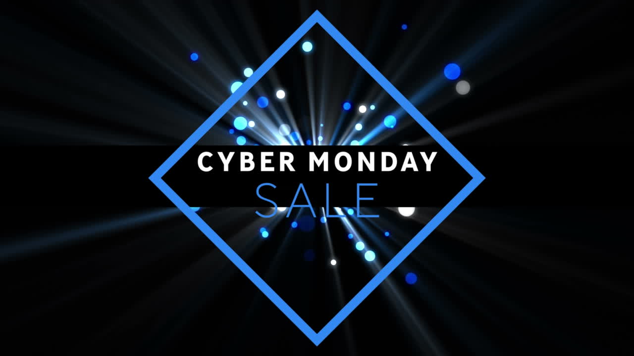 사이버 월요일 판매 텍스트 배너의 디지털 애니메이션 검은 바탕에 빛의 파란 반점에 대해