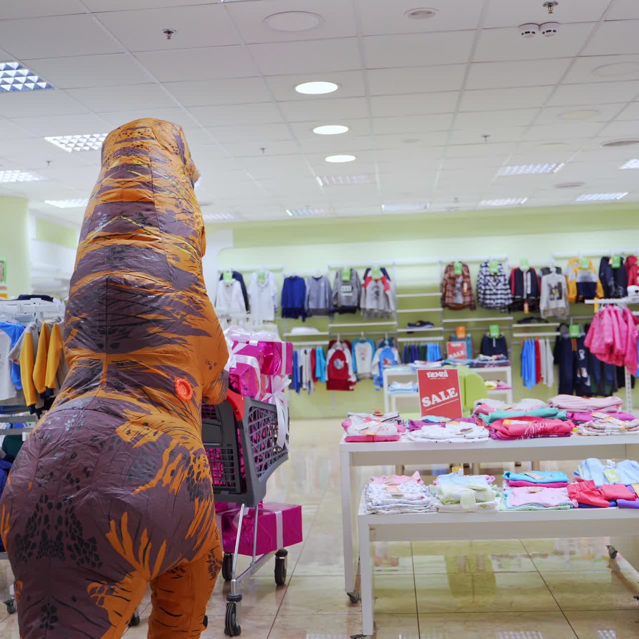 Animator in funny inflatable costume of dinosaur in child clothes department. T-Rex is pushing the cart with presents covered in bright paper