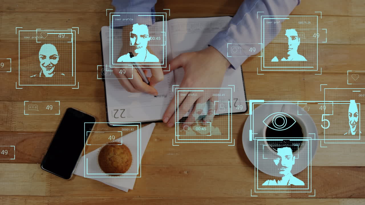 animación de personas iconos sobre las manos escribiendo en la oficina
