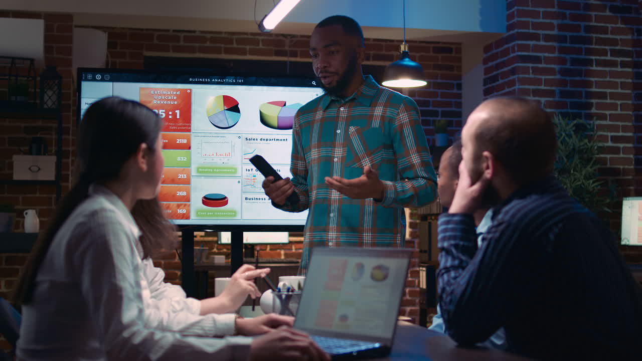 Business analytics team meeting, project manager showing corporate presentation