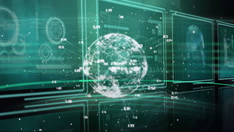 animation of connections and globe over green background with screens with data