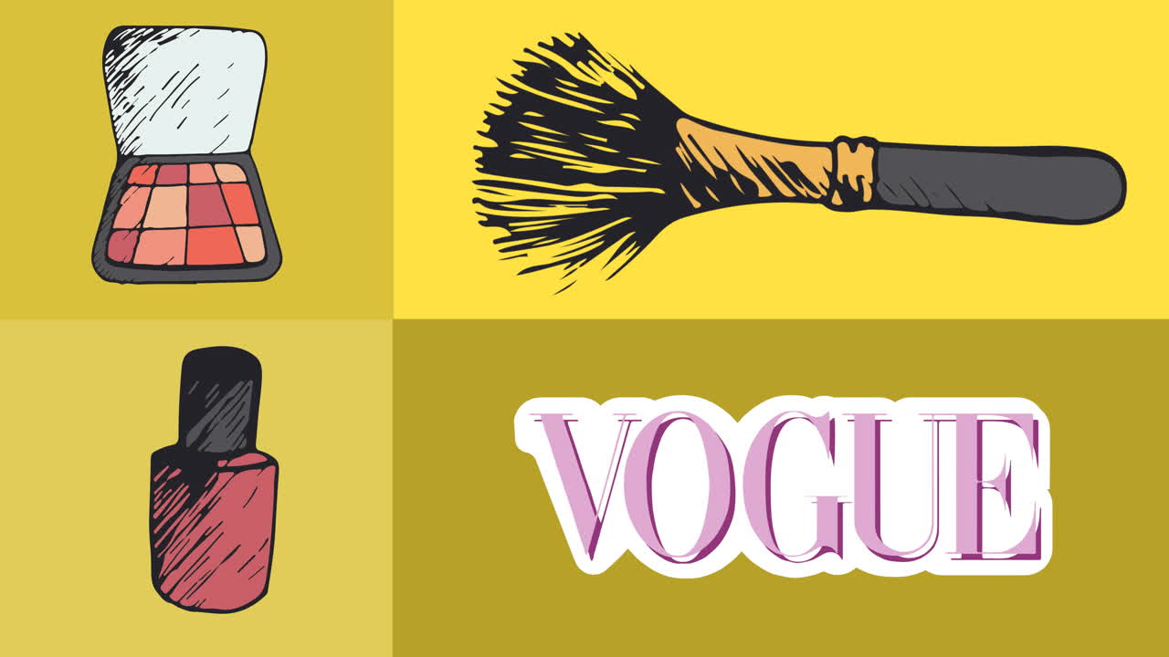Animation of eyeshadow palette make-up brush nail polish and vogue text on yellow backgroud