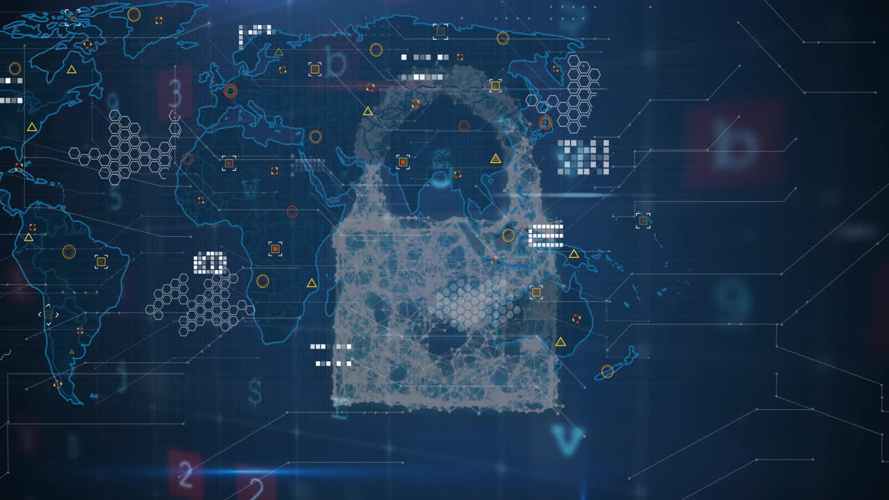 Animation of digital data processing over padlock and world map