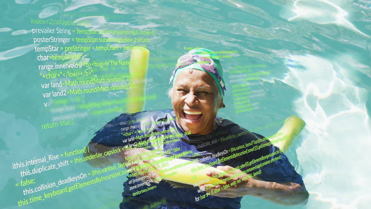Animation of data processing over senior african american woman in swimming pool