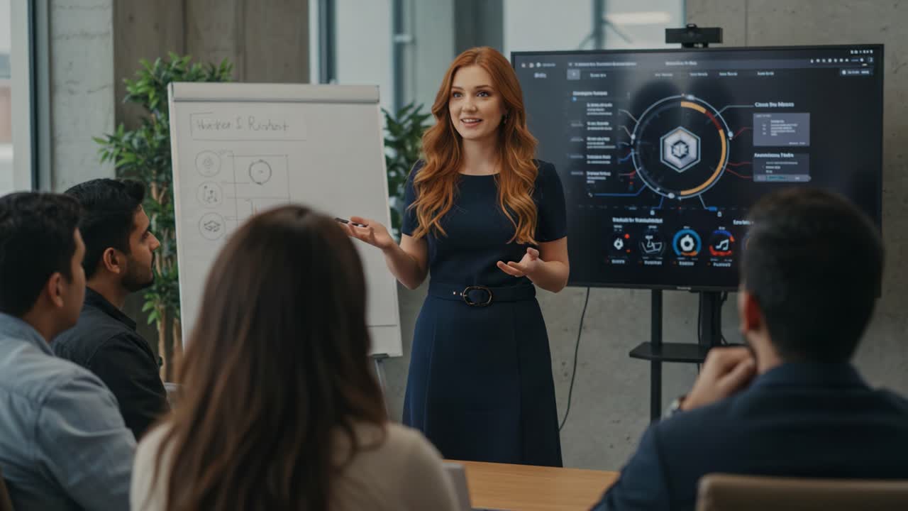 Engaging Business Presentation: A Confident Speaker Addresses an Audience with Insightful Data and Visuals on a Modern Screen in a Professional Setting