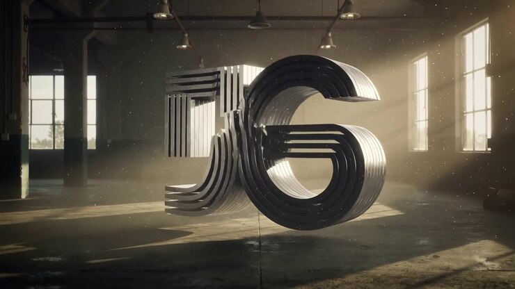 Logo 5G animato che si forma in un magazzino industriale