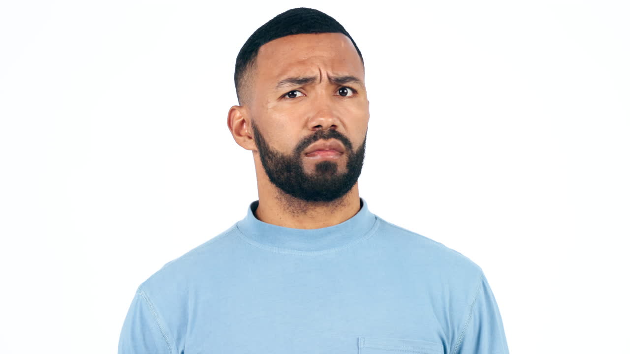 Thinking, questions and portrait of man in doubt