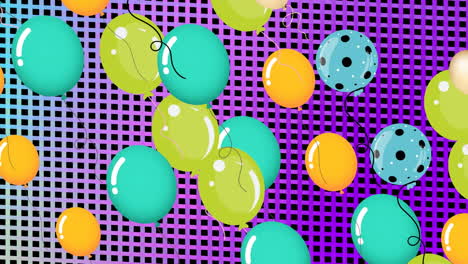 animation of colorful balloons flying over purple grid on black background