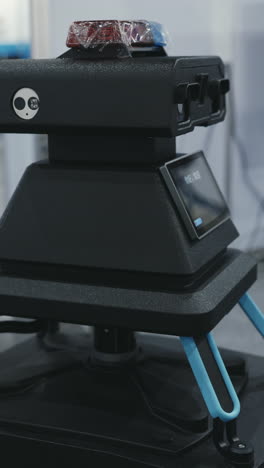a close-up of a security or patrol robot with flashing lights and a display screen