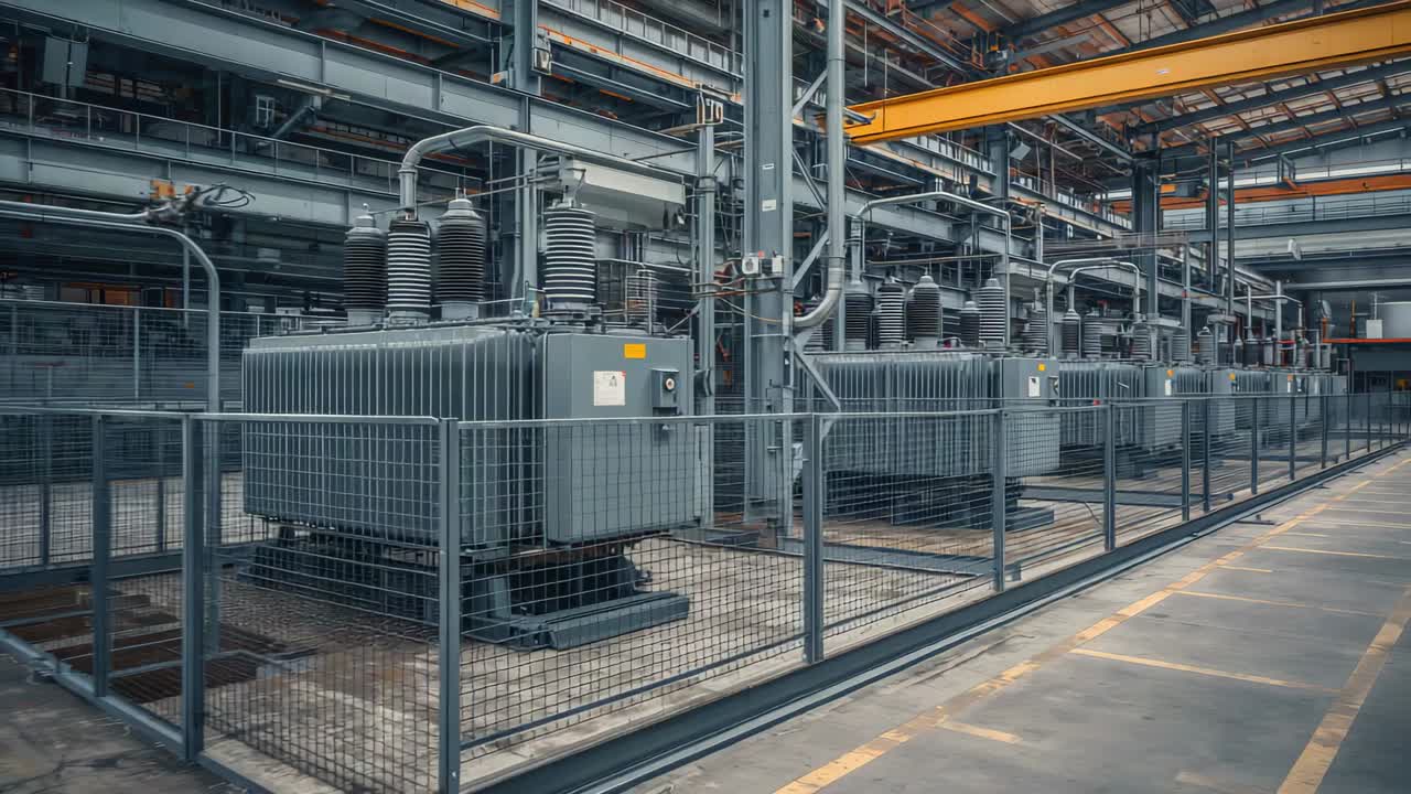 Telecamera in panoramica che rivela una fila di trasformatori a olio in un capannone industriale con recinzione a rete, mostrando le dimensioni.