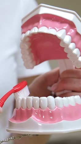 demonstrating dental model mechanics with handheld mouth replica for educational purposes.