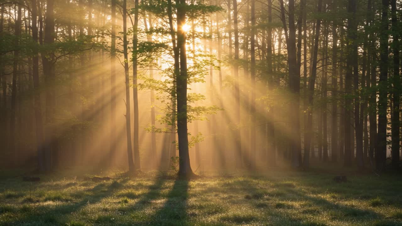 Stunning Forest Scene with Sunlight Streaming Through Trees, Creating a Magical Atmosphere in the Early Morning Fog