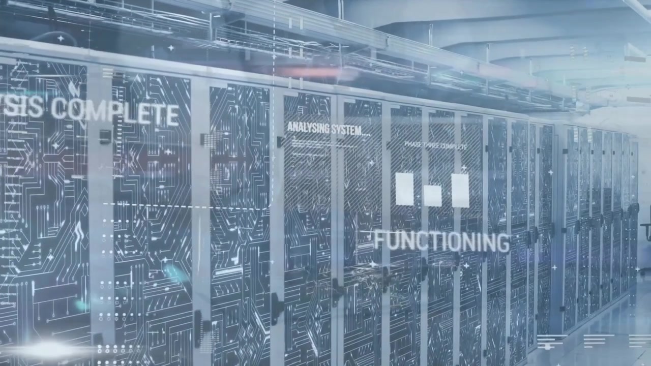 Animation of data processing and computer circuit board over server room
