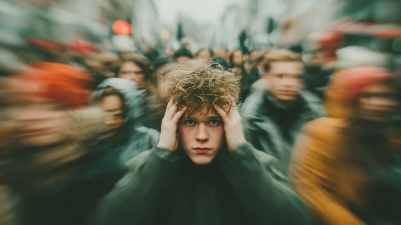大勢の人が行き交う都会の通りで、若い男性が感情的に冷たい人々の群れの中で際立って立っており、激しい個人的苦悩と孤独を感じながら頭を抱えています。