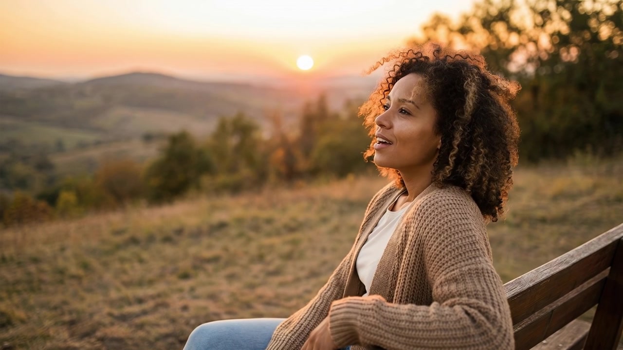 Mulher tranquila sentada em um banco apreciando a luz quente do pôr do sol em uma paisagem.