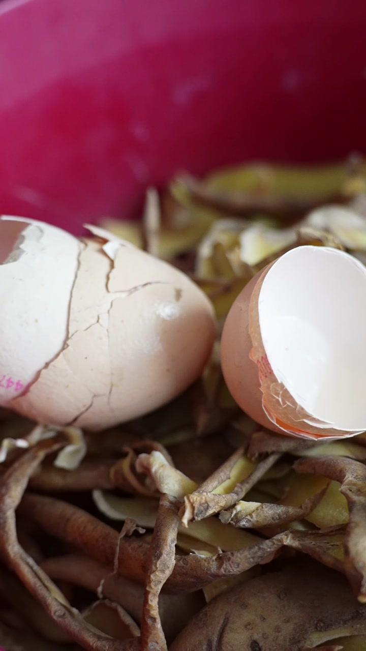 Macro close-up of eggshells and vegetable peels in a red bowl, kitchen scraps for compost. Zero-trash home routine and sustainable living concept, vertical video.