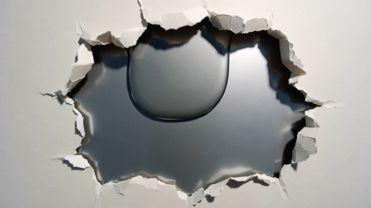 Showing central torn white panel revealing glossy membrane at studio wall, bead forming and bulging