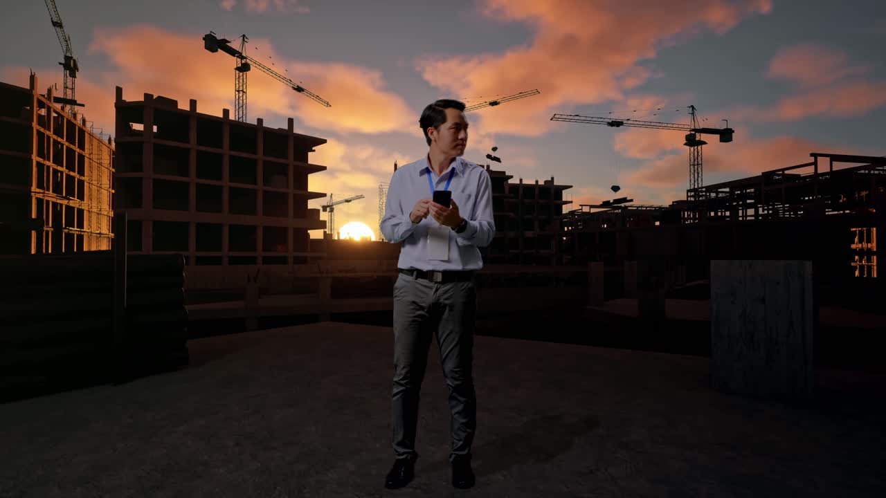 Cuerpo completo de trabajador profesional asiático con su smartphone en una obra en construcción de una nueva casa. Observa el entorno antes de concentrarse en su smartphone.