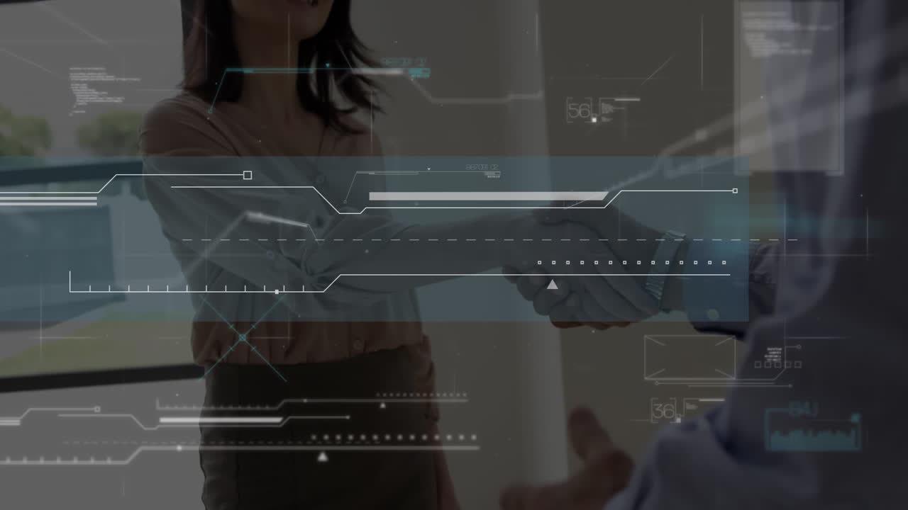 animación del procesamiento de datos sobre el apretón de manos de un hombre de negocios