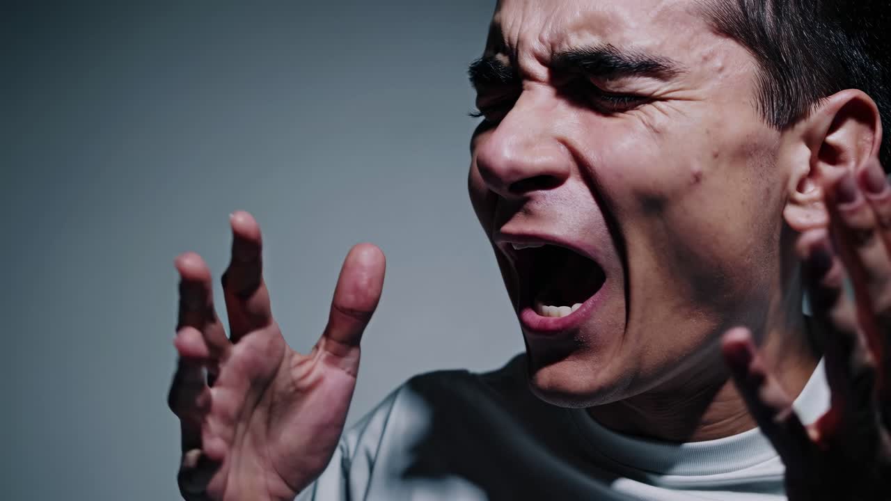 Close-up video shot of a person expressing intense emotion