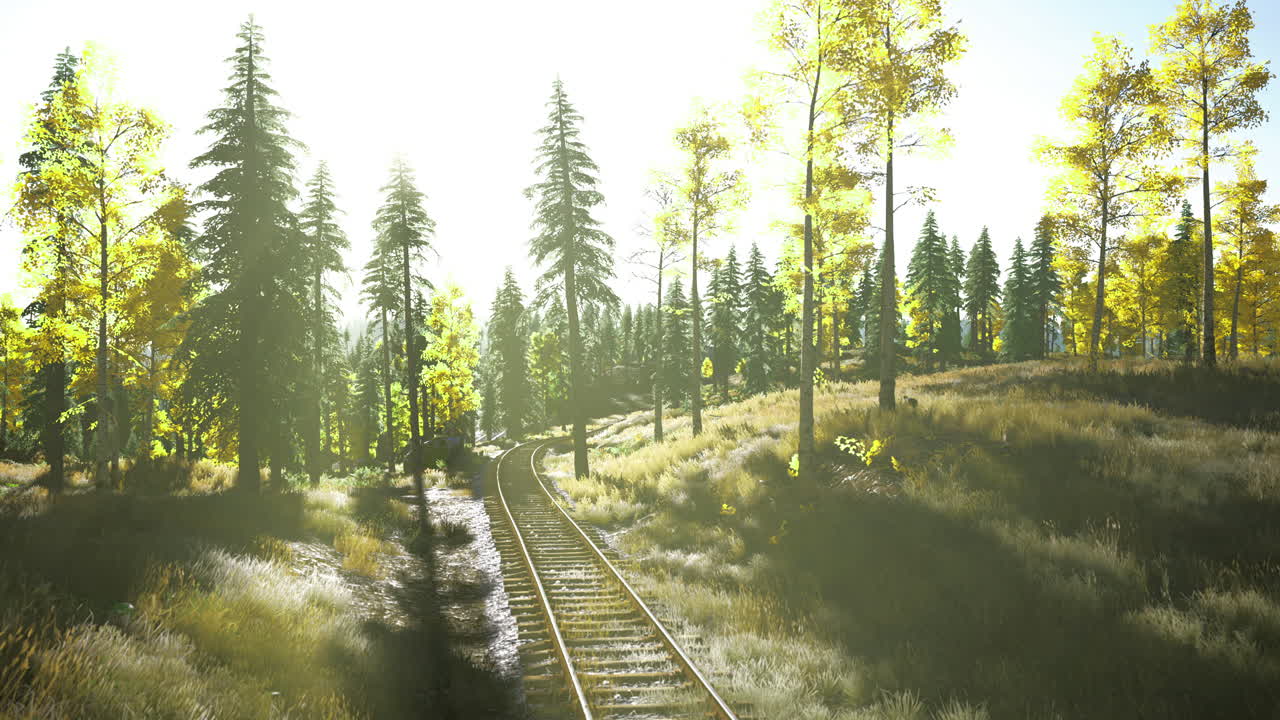 Scenic railway track winding through vibrant autumn forest in daylight