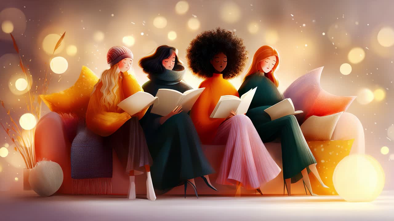 A Cozy Gathering of Friends Sharing Stories: Four Diverse Women Reading Together on a Comfortable Sofa Surrounded by a Warm, Magical Atmosphere with Twinkling Lights