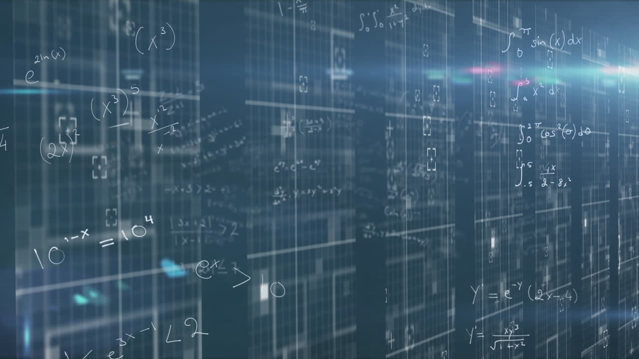 Mathematical equations moving against computers servers