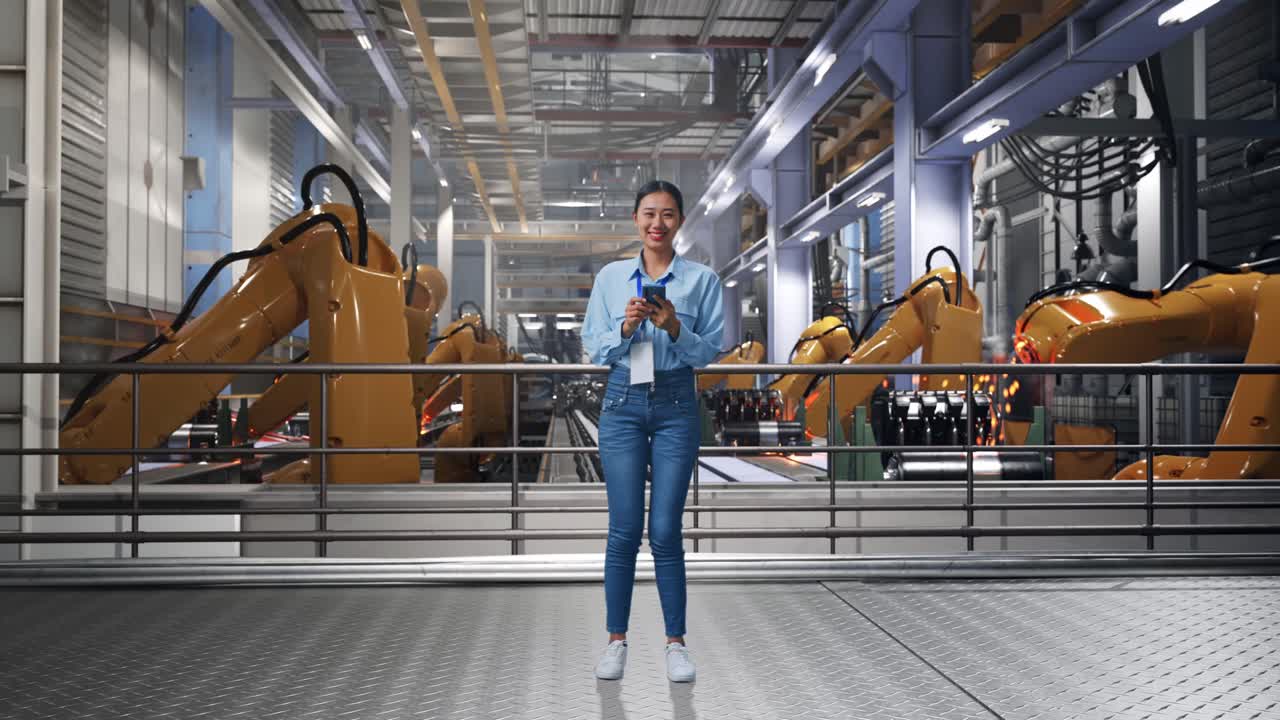 Full Body Side View Of Asian Female With Her Laptop With Industrial Robotic Arms Working, Typing On Her Laptop'S Keybaord With Meditation