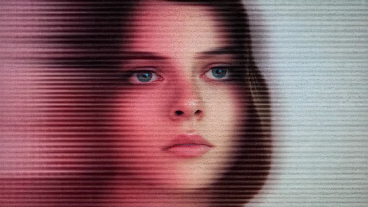 Reacting to RGB lights shifting, model adjusting gaze, tilting in studio with glitch motion streak