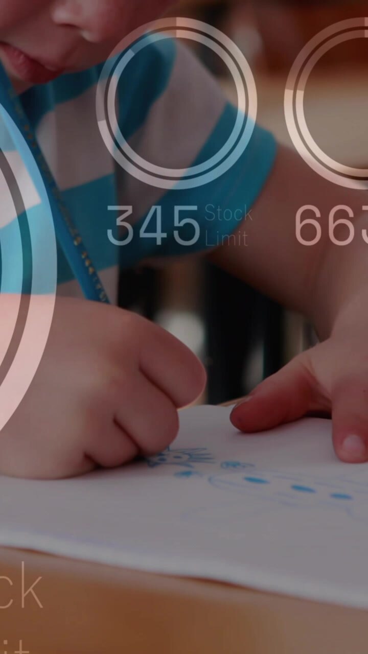 Animation of loading circles and changing numbers over diverse students studying in classroom
