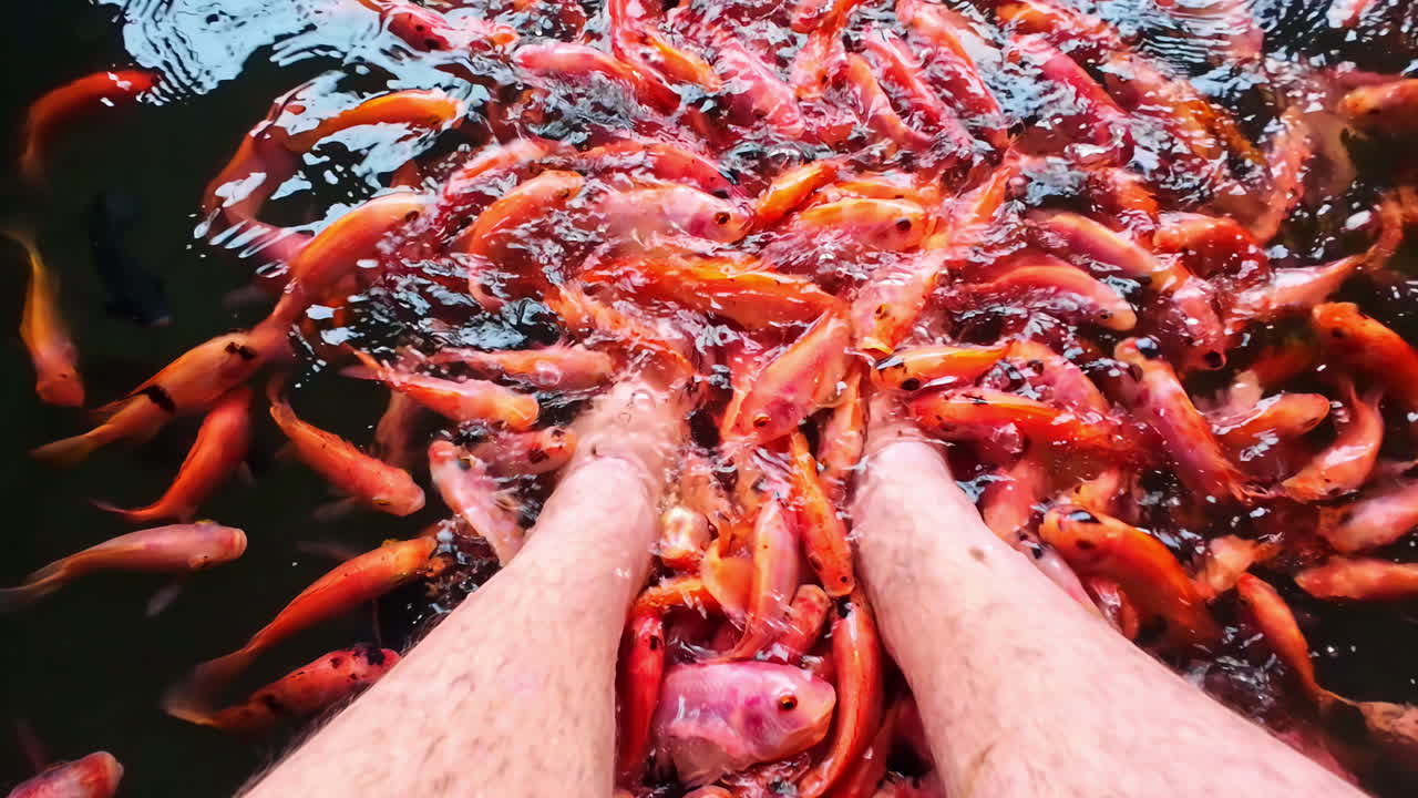 Feet immersed in vibrant fish-filled water in Koggala, Sri Lanka, relaxing vibe
