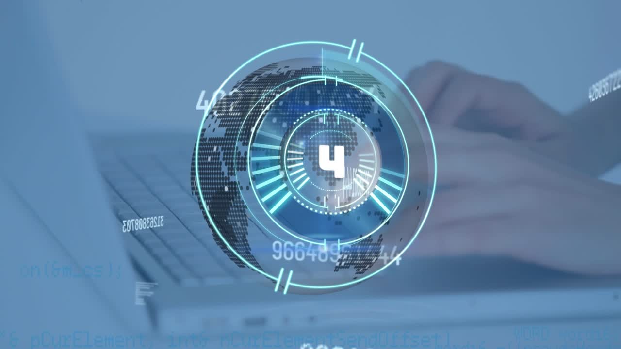 Animation of processing circle and counting over hands of caucasian man typing on laptop